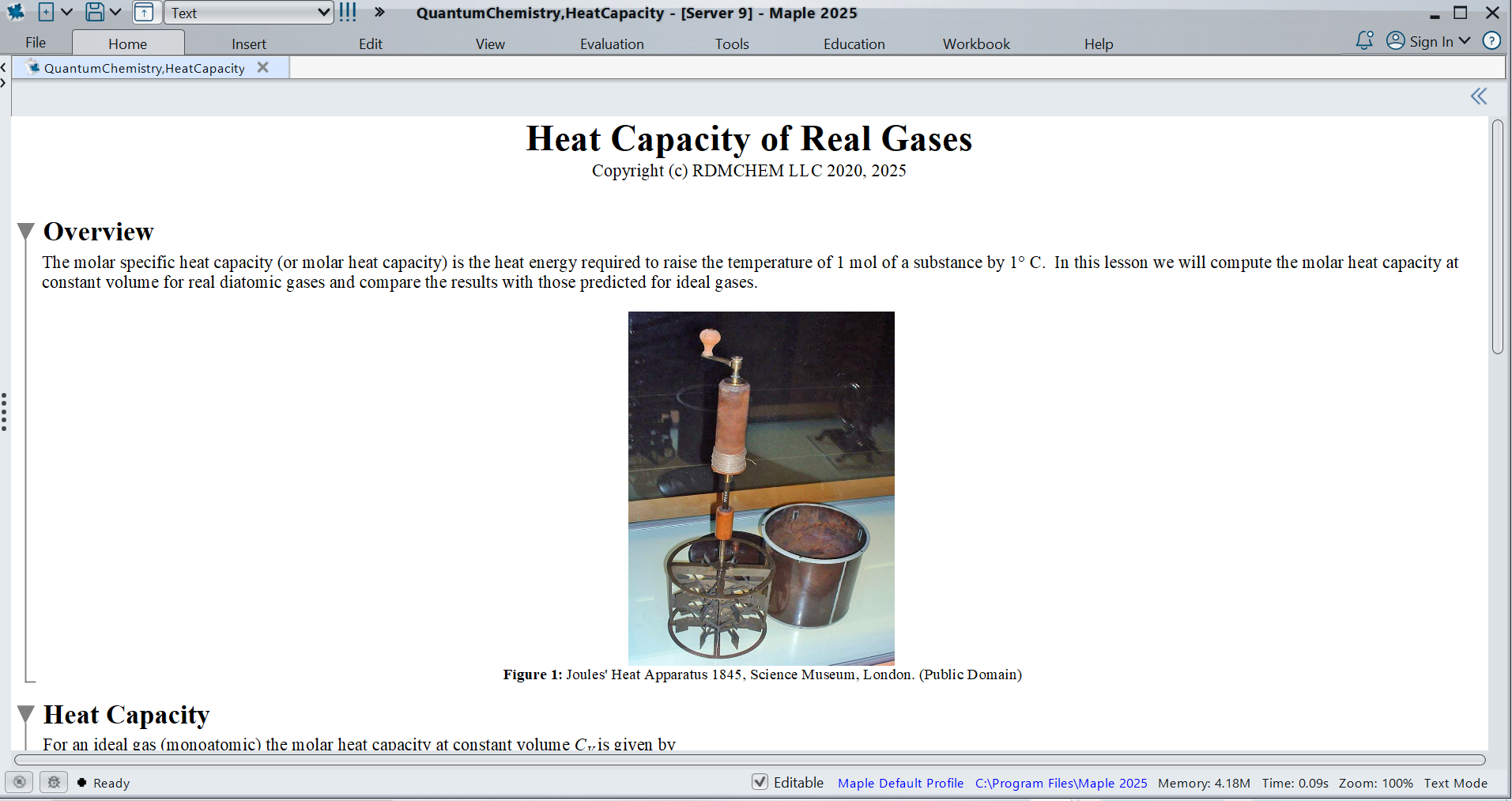 Heat Capacity Lesson in the Maple Quantum Chemistry Toolbox